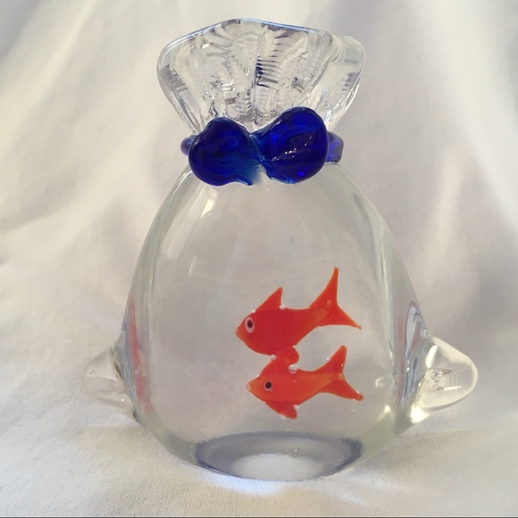 Murano Other - 🐠Vintage Murano Art Glass Gold Fish Aquarium Bag Paperweight W/ blue Bow 🐠